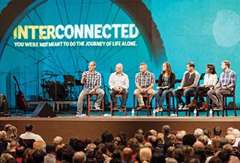 Lead Pastor Doug Sauder, Pastor Alan Platt, Pastor Chris Baselice and his wife Shona, Pastor Billy Venezia, Diana Francois, and Daniel Lupo answer questions during the Interconnected series on relationships.